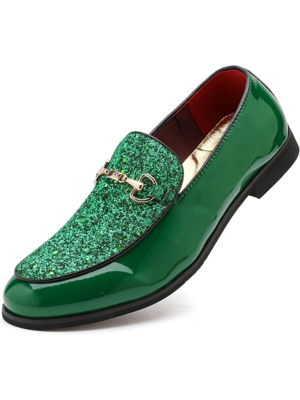 Men's Green Rubber Sole Leather Sparkly Sequins Loafers Gold Buckle Party Shoes